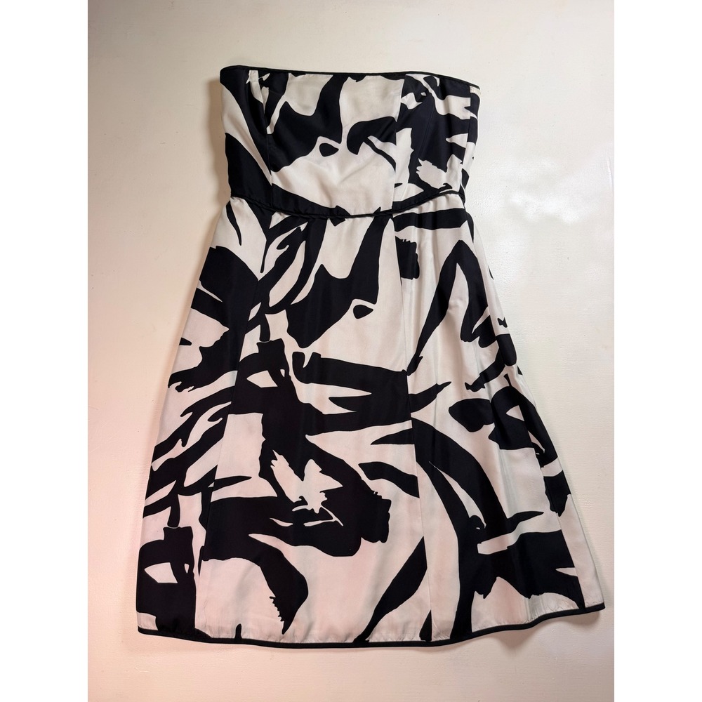 Ann Taylor Strapless Dress Women 4 Black White Excellent Abstract Floral Silk